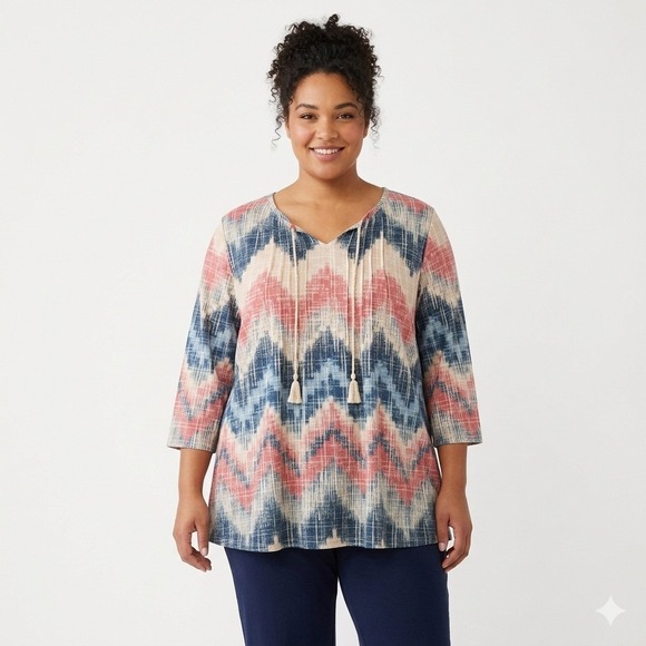 Catherines Tops - Catherines 3X Tunic Top Ikat Chevron Blue Coral Linen Blend Tassel V-Neck 3/4 Sl
